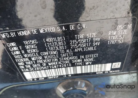 2016 Honda Hr-V Ex-L z USA, uszkodzony, nr VIN 3CZRU5H71GM742810